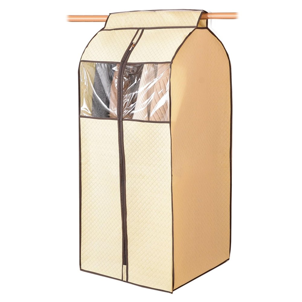 Clothes Storage Bags with Zipper, Transparent Window Sandwich Cotton Non-Woven Fabric Fully Enclosed Hanging Clothes Bag (Color : Beige, Size : 52x52x110cm)
