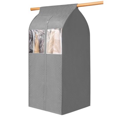 Clothes Storage Bags with Zipper, Transparent Window Sandwich Cotton Non-Woven Fabric Fully Enclosed Hanging Clothes Bag (Color : Gray, Size : 52x52x90cm)