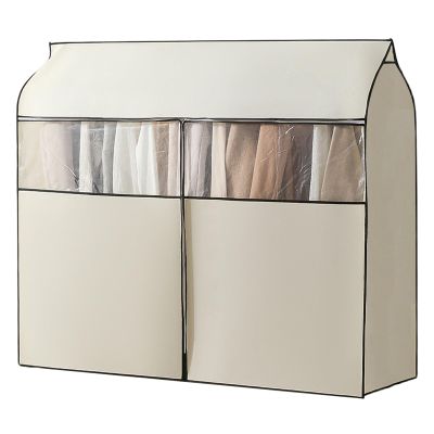 Storage for Clothes Hanging with 3 Zippers, Transparent Window, Thickened Non-Woven Fabric Fully Enclosed Garment Bags for Coat, Jacket, Shirt, Clothing (Color : Beige, Size : 80x50x120cm)