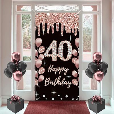 40th Birthday Decoration for Women Black and Rose Fabric Sign Wall/Door Banner Background Banner Woman Birthday Party Welcome Sign, 35.4"x70"