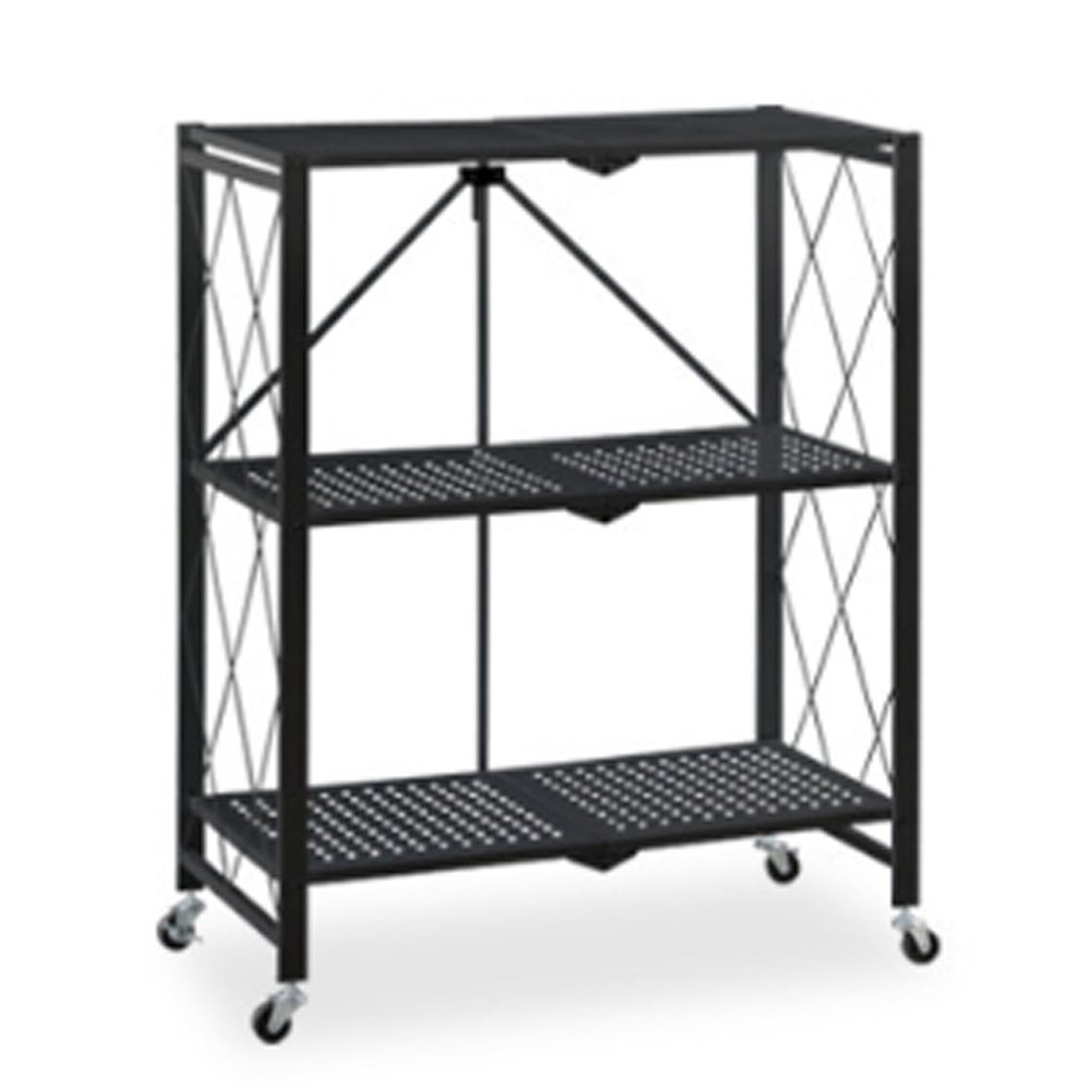 3-Tier Storage Shelves with Wheels, Foldable Height Wire Shelving Unit, Metal Steel Rack Shelves, Garage Shelving Organizer(A)