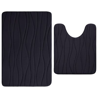 Buganda Memory Foam Bathroom Rugs 2 Pieces, Bath Rug Size 36x24 and Contour Rug U-Shaped Size 24x20 in Black, 2 Item Bundle