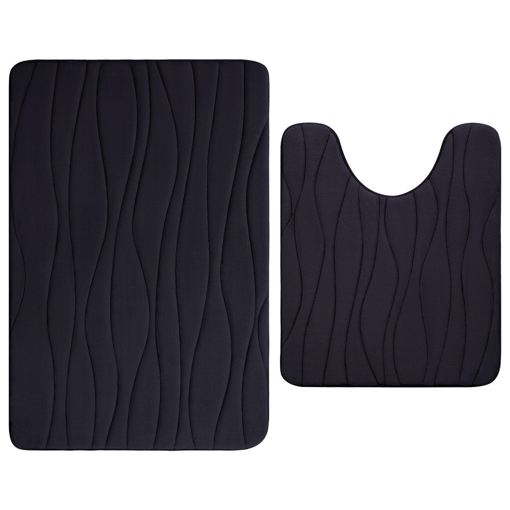Buganda Memory Foam Bathroom Rugs 2 Pieces, Bath Rug Size 36x24 and Contour Rug U-Shaped Size 24x20 in Black, 2 Item Bundle