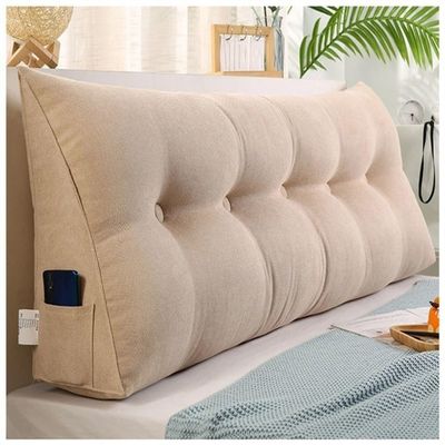CWECO Headboard Pillow Rest Reading,Reading Pillow,Large Backrest Wedge Pillow with Pocket & Removable Cover (Light Beige 120cm/47.2inch)