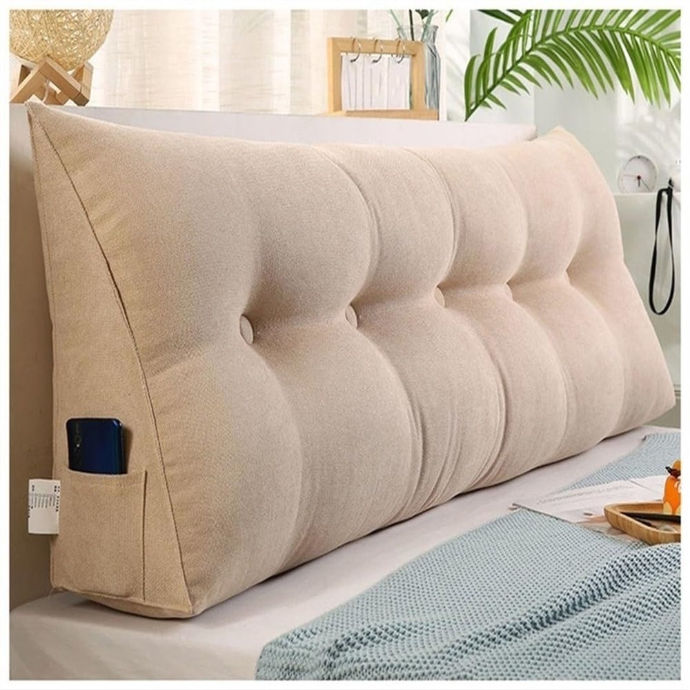 CWECO Headboard Pillow Rest Reading,Reading Pillow,Large Backrest Wedge Pillow with Pocket & Removable Cover (Light Beige 120cm/47.2inch)