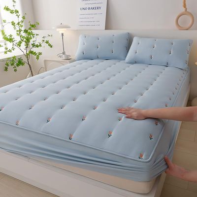 FCLDESHOP Mattress Protector,Solid Color Thick Quilted Mattress Protector, Soft Non-Slip Bed Sheet Suitable for Single Double King Size Bed,Sky Blue 1,200 * 220cm (1pcs)