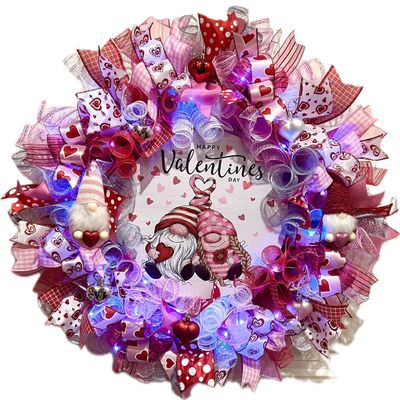 XL Handmade Valentines Gnome Hearts Ribbon Prelit Wreath 26 ins LED
