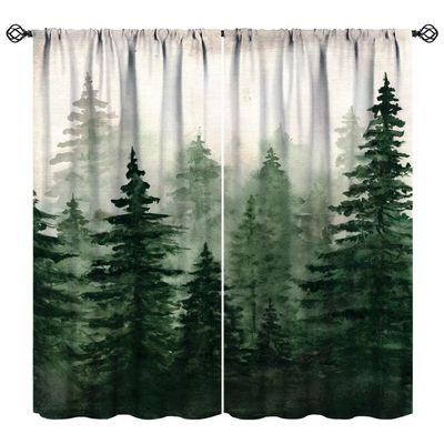 BAEKJIN Green Foggy Forest Curtains Watercolor Nature Landscape Plants Tree Rod Pocket Blackout Window Treatments Decor for Bedroom Living Room Drapes W42xL84in 2 Panels