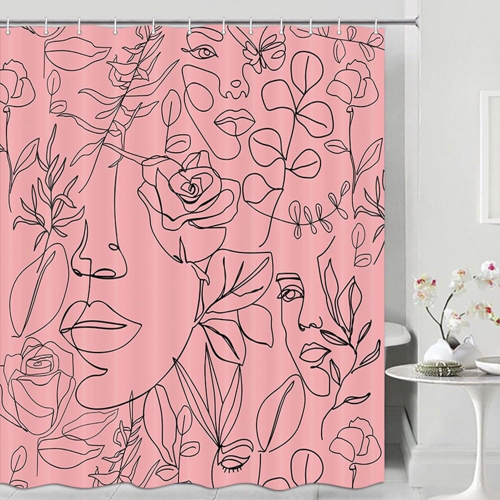 Coveimes Abstract Face Shower Curtain, Black Lines Women Face Floral Butterfly Silhouette Minimalist Art Aesthetic Bathroom Decor Curtains, Fabric Polyester Waterproof Shower Curtain