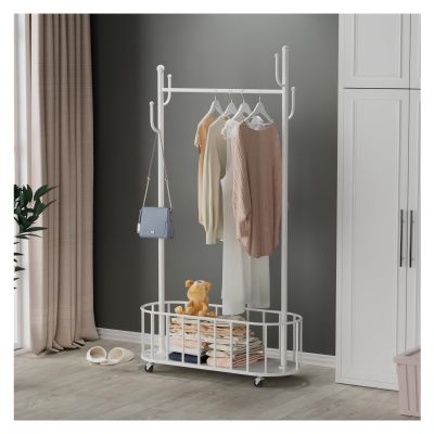 Creative Coat Rack Freestanding,Storage Basket Design,Clothes Racks for Hanging Clothes,Equipped with Wheels, Easy to Move,Standing Coat Rack Tree,for Entrance, Bedro(Color:Ivory 31.5in Long)