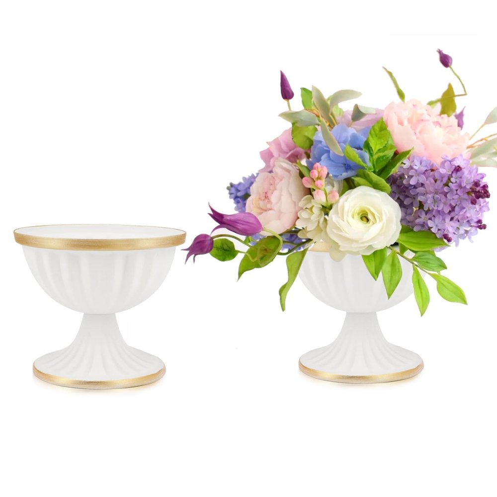 AZXTOPSEZ White Flower Vases for Centerpieces: Small Urn Vase 3.7 Inch Wedding Compote Bowl Metal Pedestal Vase for Table Party Event Set of 2