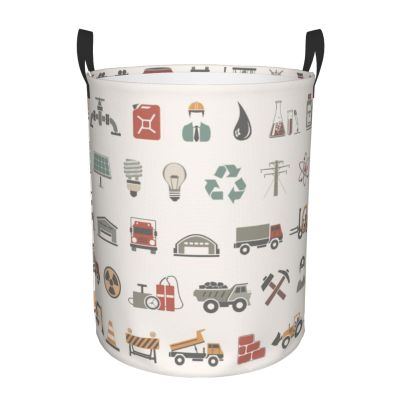 HomeLoft Basics Construction Icon Building Machines Laundry Basket Waterproof Foldable Laundry Hamper with Durable Handle Round Storage Basket Dirty Clothes Organizer for Bedroom Bathroom Dorm Office, Small