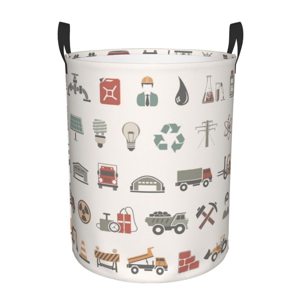 HomeLoft Basics Construction Icon Building Machines Laundry Basket Waterproof Foldable Laundry Hamper with Durable Handle Round Storage Basket Dirty Clothes Organizer for Bedroom Bathroom Dorm Office, Small