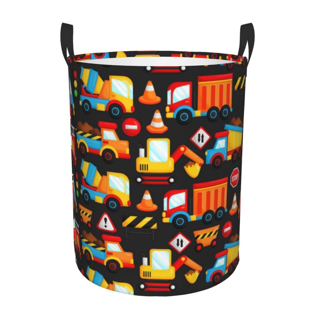 Building Vehicle Backhoe Excavator Print Laundry Basket Waterproof Foldable Laundry Hamper with Durable Handle Circular Storage Basket Dirty Clothes Organizer for Nursery Bedroom Bathroom College