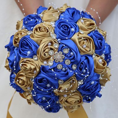 Mhojpik Bridal Wedding Bouquet Round Bling Brooch Bouquet Throw Toss Artificial Rose Flower Bunch for Bride Bridesmaid Wedding Quinceanera(Royal Blue & Gold, 9.8")