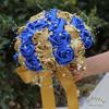 Mhojpik Bridal Wedding Bouquet Round Bling Brooch Bouquet Throw Toss Artificial Rose Flower Bunch for Bride Bridesmaid Wedding Quinceanera(Royal Blue & Gold, 9.8") view 4