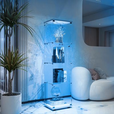 Zacis Glass Display Cabinet with Lights and Lock, 4-Tier Display Case Curio Cabinet with Glass Door, Floor Standing Showcase for Living Room Bedroom Home Office 16.7" W x 14.3" D x 64.5" H