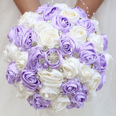 Mhojpik Bridal Wedding Bouquet Round Bling Brooch Bouquet Throw Toss Artificial Rose Flower Bunch for Bride Bridesmaid Wedding Quinceanera(Light Purple & Ivory, 9.8")