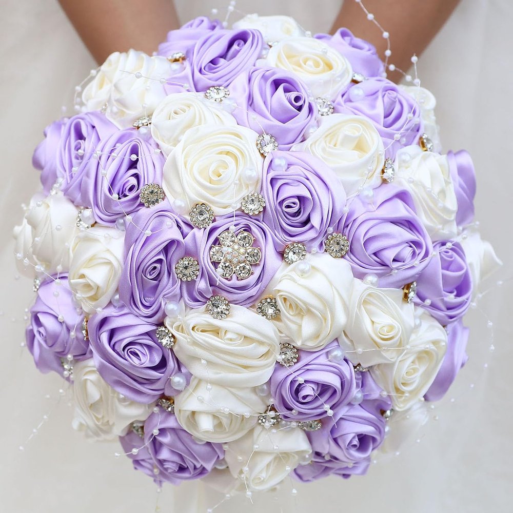 Mhojpik Bridal Wedding Bouquet Round Bling Brooch Bouquet Throw Toss Artificial Rose Flower Bunch for Bride Bridesmaid Wedding Quinceanera(Light Purple & Ivory, 9.8")