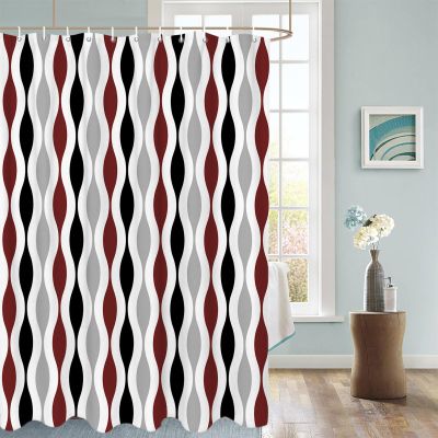 Black Red Gray Mid-Century Shower Curtain for Bathroom, Modern Geometric Pattern Fabric Shower Curtain with Hooks Bathroom Decor Waterproof Shower Curtains Machine Washable for Home Hotel, 72"W x 72"L