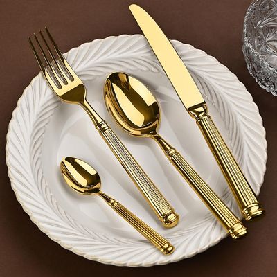 TWEE Silverware Set for 6 Gold Flatware 24 Piece 18/10 Stainless Steel Tableware Set Cutlery Set Home Dining Roman Column Handles Wrought Craft Mirror Finish Dishwasher Safe