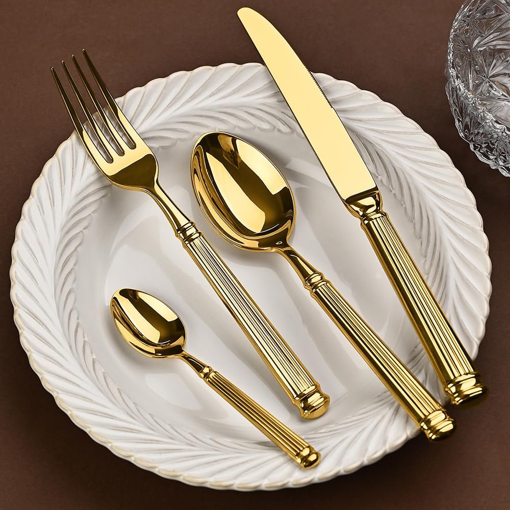 TWEE Silverware Set for 6 Gold Flatware 24 Piece 18/10 Stainless Steel Tableware Set Cutlery Set Home Dining Roman Column Handles Wrought Craft Mirror Finish Dishwasher Safe