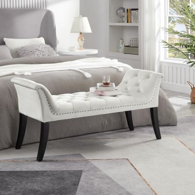 Uneeruiqy Upholstered Ottoman Bench Stool Rectangular Velvet Fabric Accent Bench for Entryway, Dining Room, Living Room and Bedroom Beige