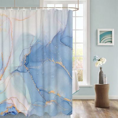 Blue Gold Shower Curtain for Bathroom, Marble Abstract Art Ocean Texture Fabric Shower Curtain with Hooks Bathroom Decor Waterproof Shower Curtains Machine Washable for Home Hotel, 72"W x 78"L