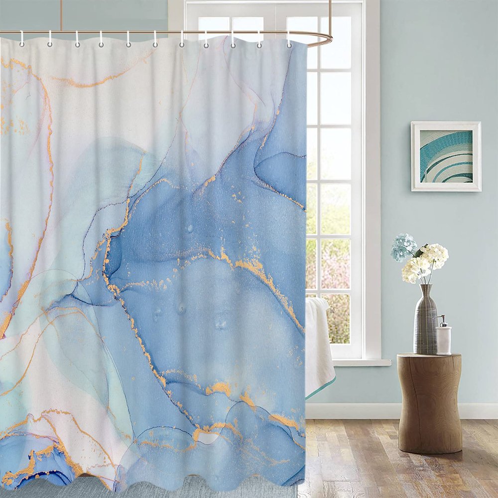 Blue Gold Shower Curtain for Bathroom, Marble Abstract Art Ocean Texture Fabric Shower Curtain with Hooks Bathroom Decor Waterproof Shower Curtains Machine Washable for Home Hotel, 72"W x 78"L