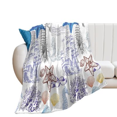 Brebasf Coastal Nautical Starfish Blanket Watercolor Vintage Underwater Wildlife Starfish Seahorse Coral Throw Sofa Soft Warm Blanket-60W x80L