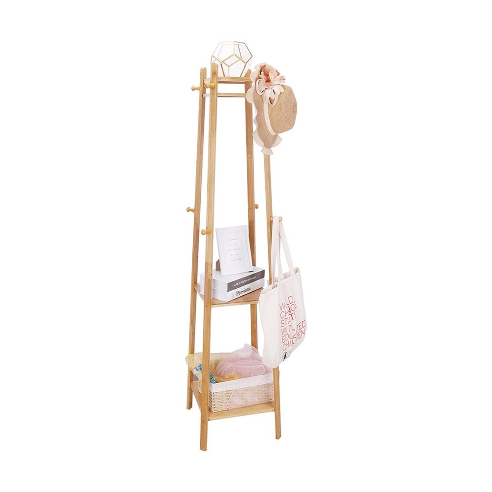 Freestanding Coat Rack Wood Coat Rack Free Standing 2-Shelves Clothing Storage Garment Organizer Stand with 8 Hooks Clothes Poles Standing Coat Shelf