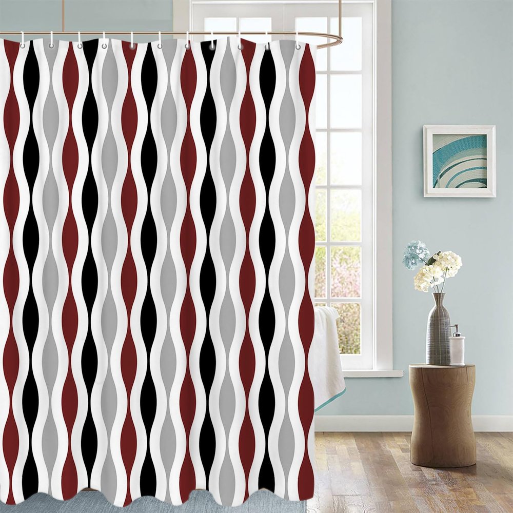 Black Red Gray Mid-Century Shower Curtain for Bathroom, Modern Geometric Pattern Fabric Shower Curtain with Hooks Bathroom Decor Waterproof Shower Curtains Machine Washable for Home Hotel, 60"W x 72"L