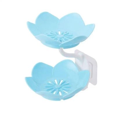 1PCS Lotus Shape Soap Box,Double Layer Soap Dish Plastic Soap Holder Wall Mounted Water Draining Soap Dish(Blue)
