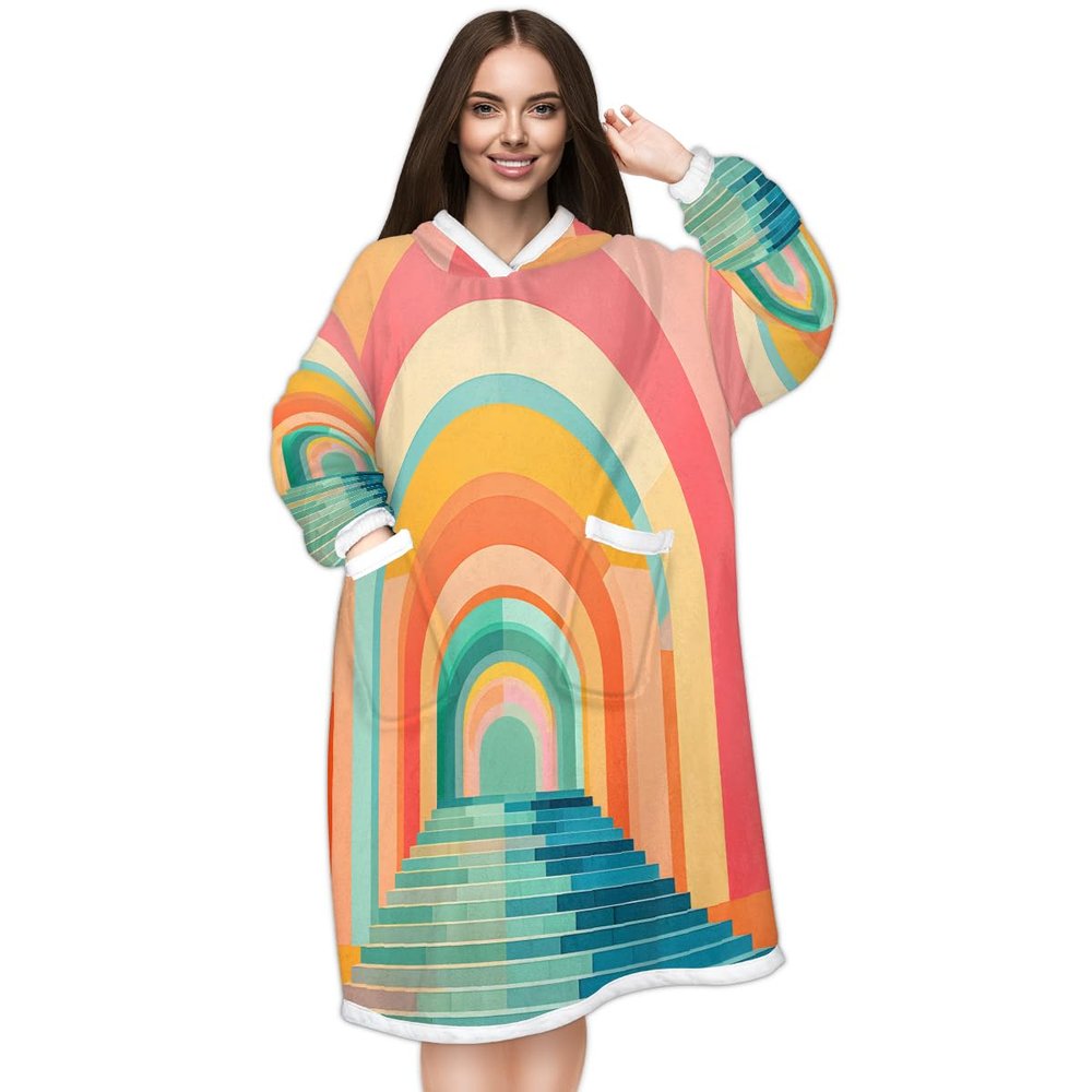 Abstact Rainbow Wearable Blanket Hoodie Oversized Hooded Blanket Sweatshirt with Pocket Sleeves, Thick Hoodie Blanket Cozy Warm Fuzzy Blanket Gifts for Adult Women Men -Abstract Pattern