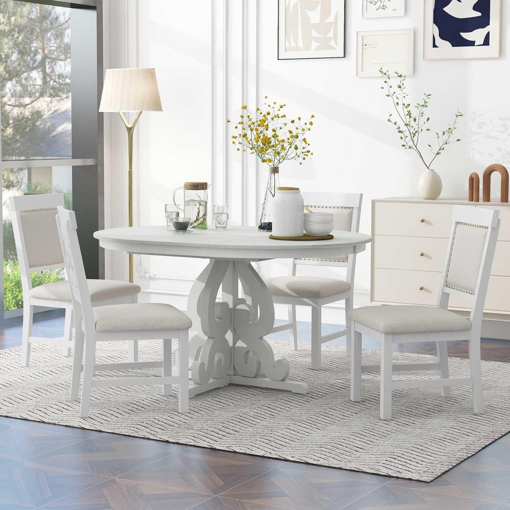 CKLMMC Retro 5-Piece Functional Dining Set, 1 Extendable Table with a 16-inch Leaf and 4 Upholstered Chairs, Compact Table Set for Dining Room and Kitchen (Antique White#Retro*X)