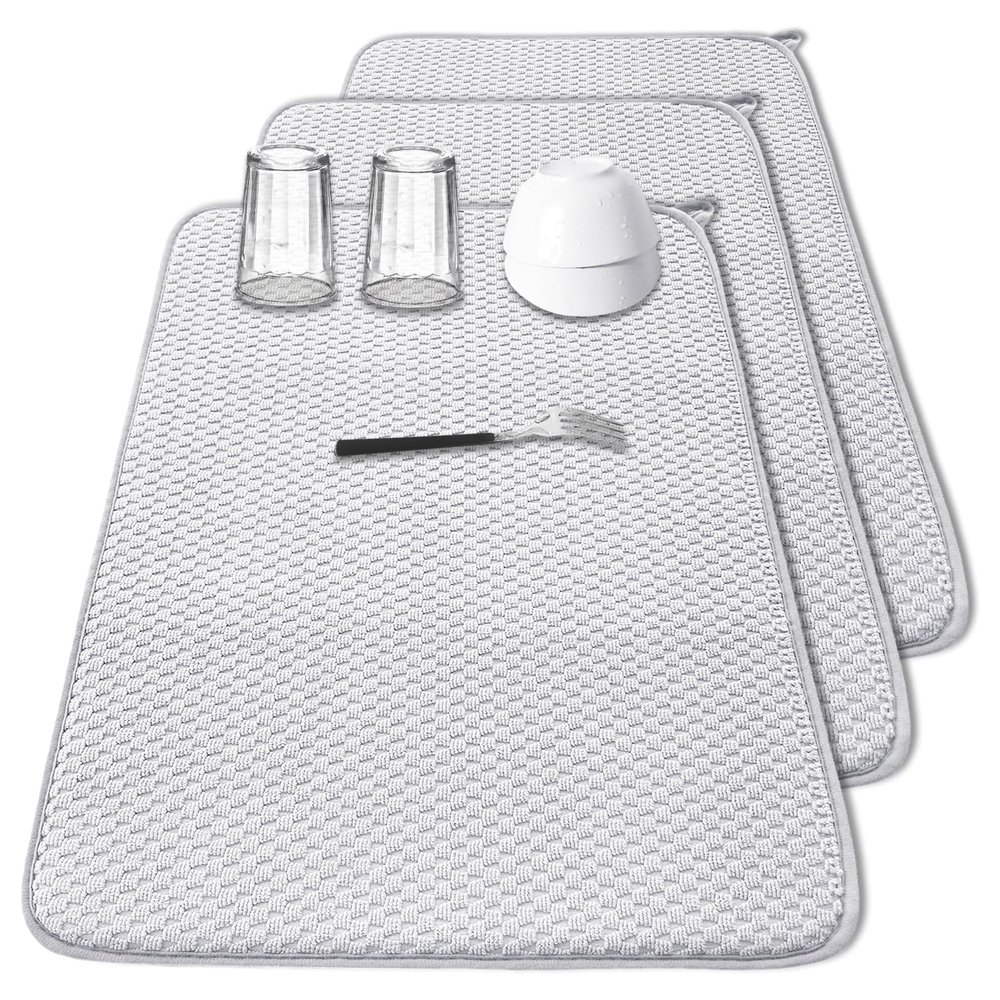 3 Pcs XXL Dish Drying Mat,Absorbent Microfiber Dishes Drainer Mats,Large Size 2417" Pads for Kitchen Counter,Coffee,Rack,Under Sink,Light Gray