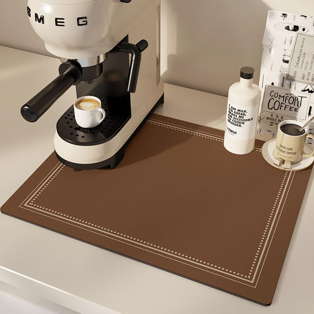 Hixingo Coffee Mat Hide Stain Rubber Backed Absorbent Retro Solid Color Dish Drying Mats for Kitchen Counter, Diatomaceous Non-Slip Drying Mat (15.8x23.6,Dark Brown)