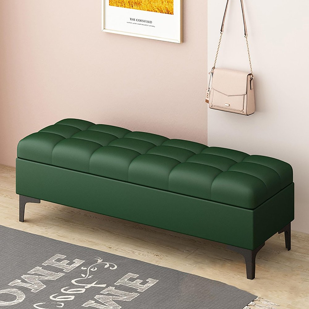 Solitar Pu Leather Ottoman Bench with Storage,Upholstered Tufted Footstool with Safety Hinge, Luxury Shoe Bench Rectangular End of Bed Bench for Bedroom, Living Room, Entryway