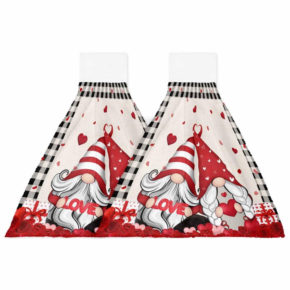 Valentine's Day Kitchen Hand Towels with Hanging Loops Set of 2 Super Soft Thick Oven Fingertip Dry Microfiber Dish Towel Absorbent Cleaning Washcloth,Kitchen Buffalo Black Checkered Gnomes Love
