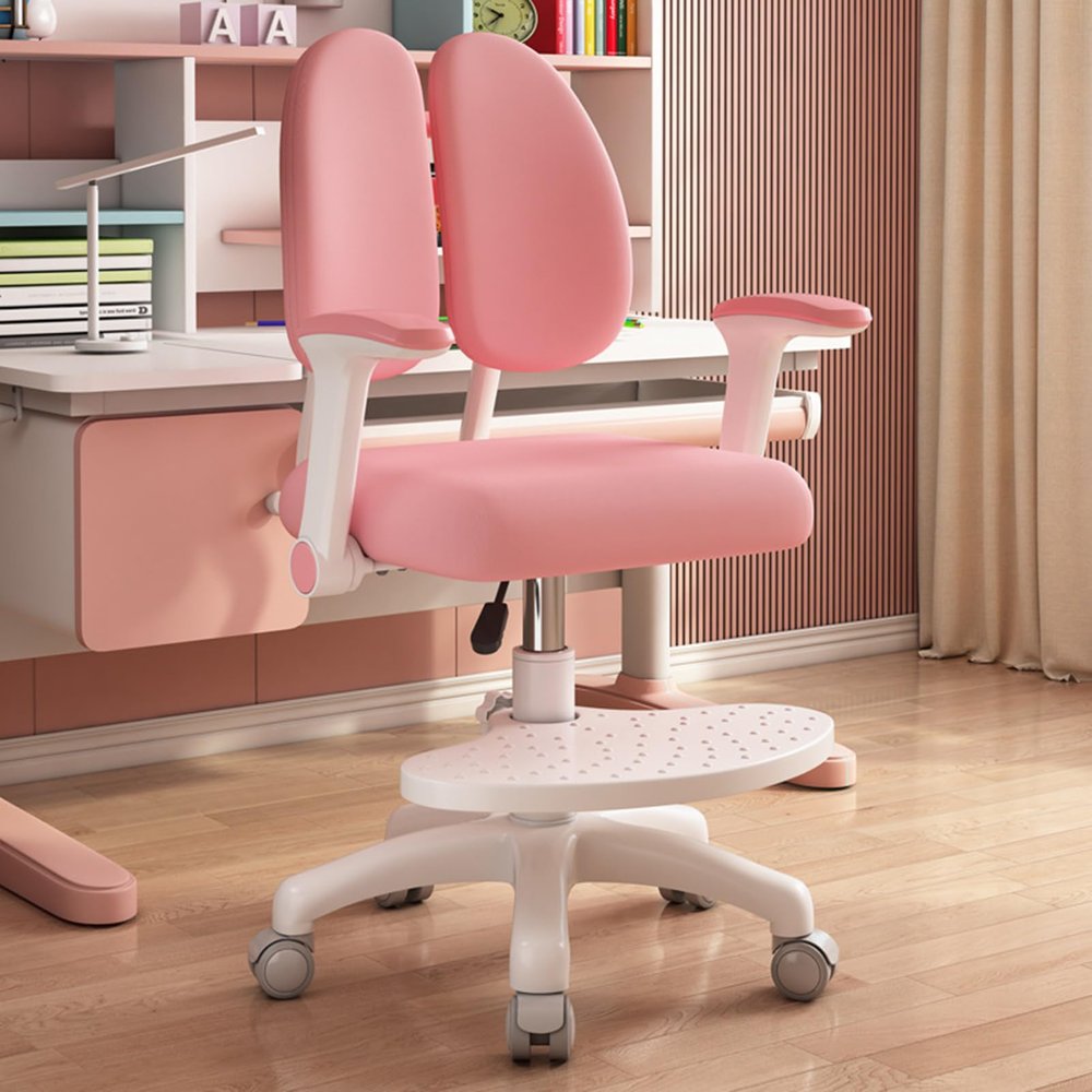 PAPABA Upgraded Kids Desk Chair, Height Depth Adjustable Double Back Support Chair with Comfort Pedal & Wheels Lock, Cute Kids Study Writing Chair for Home School Library, 150lbs Load Capacity (Pink)