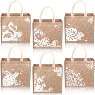 Coume 6 Pack Beach Burlap Tote Bags Bulk Large Beach Jute Tote Bag with Handles 14.2" x 12.6" x 7.5" for DIY Bridesmaid Gift(Main White)