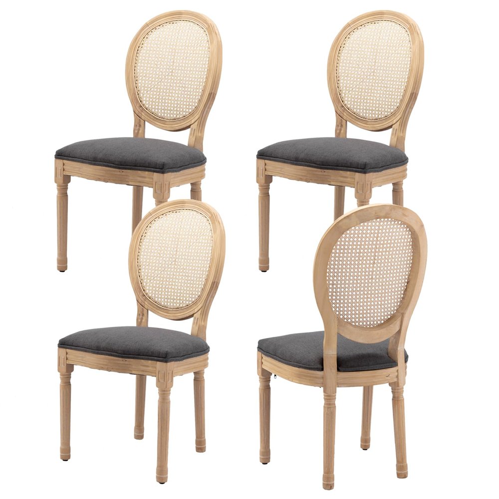Setawix Farmhouse Dining Chairs Set of 4,Vintage Linen Fabric Upholstered Kitchen Accent Chairs,French Style Button Tufted Dining Table Chair,Solid Wood Rattan Dinner Chairs (Rattan Grey 2 Pairs)