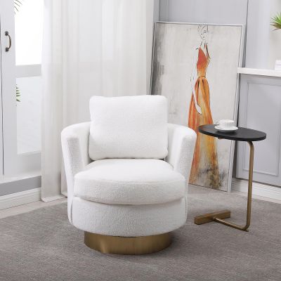NOLLAM Swivel Accent Chairs, Modern Swivel Barrel Chair with Gold Base and Comfy Cushion, 360 Degree Swivel Armchair for Living Room, Office, Round Reading Chair Capacity 300 Lbs, White Sofa Chair