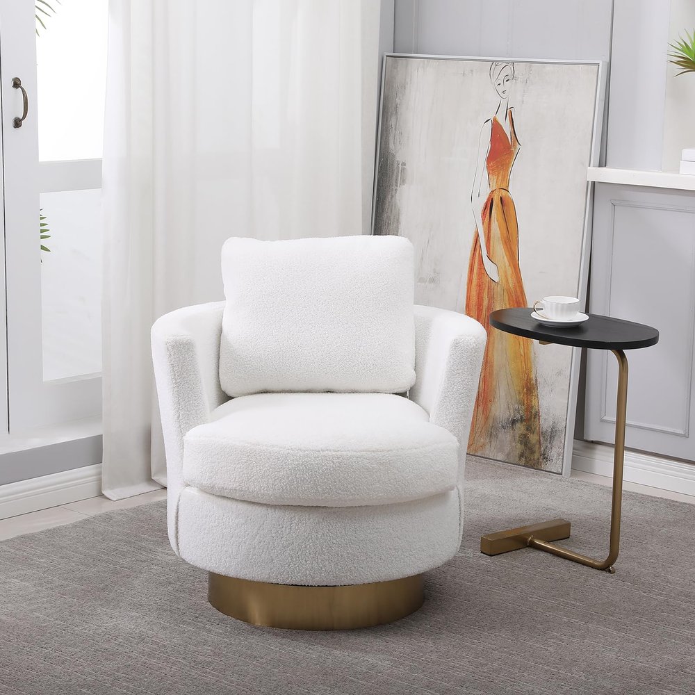 NOLLAM Swivel Accent Chairs, Modern Swivel Barrel Chair with Gold Base and Comfy Cushion, 360 Degree Swivel Armchair for Living Room, Office, Round Reading Chair Capacity 300 Lbs, White Sofa Chair