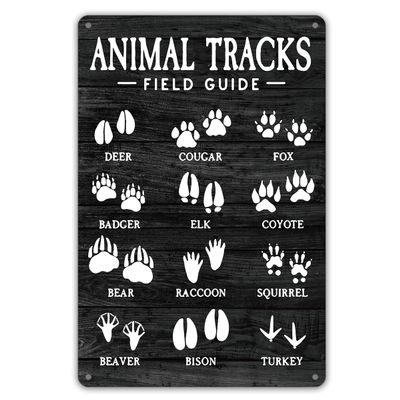 MATou Black Animal Tracks Field Guide Metal Tin Sign Wall Decor Rustic Woodland Theme Nursery Sign for Home Office Nursery Bedroom Decor Gifts Tin Sign Metal Signs Wall Decor Poster 6 * 8 in