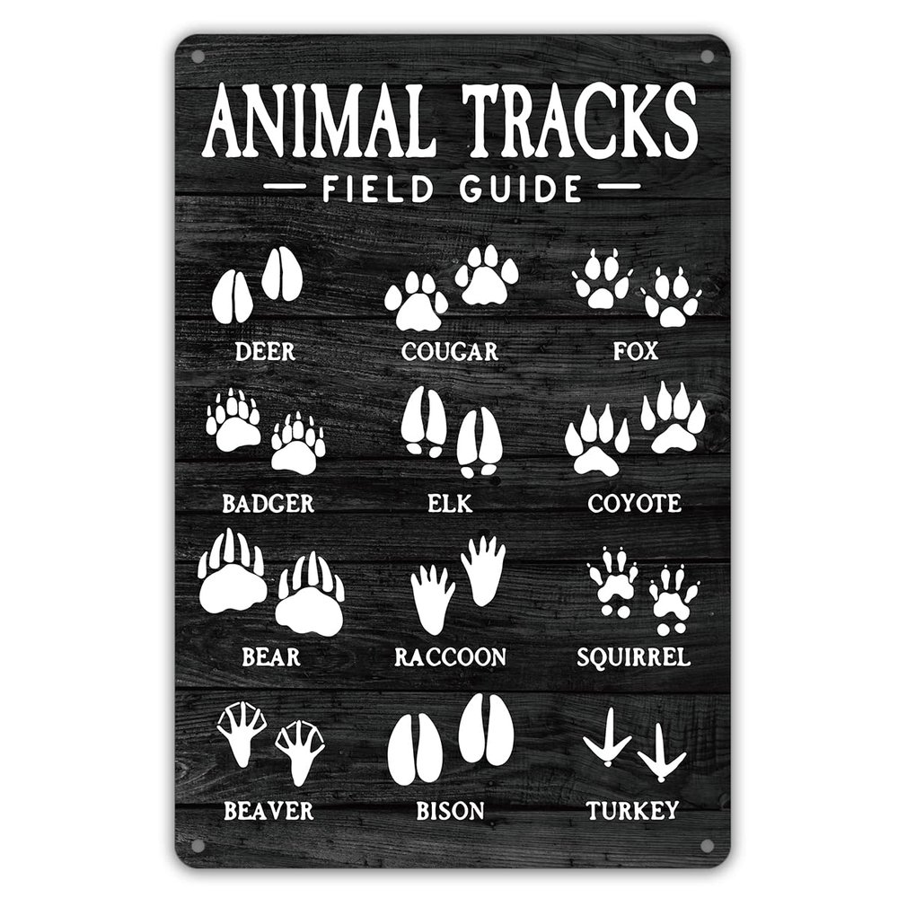 MATou Black Animal Tracks Field Guide Metal Tin Sign Wall Decor Rustic Woodland Theme Nursery Sign for Home Office Nursery Bedroom Decor Gifts Tin Sign Metal Signs Wall Decor Poster 6 * 8 in