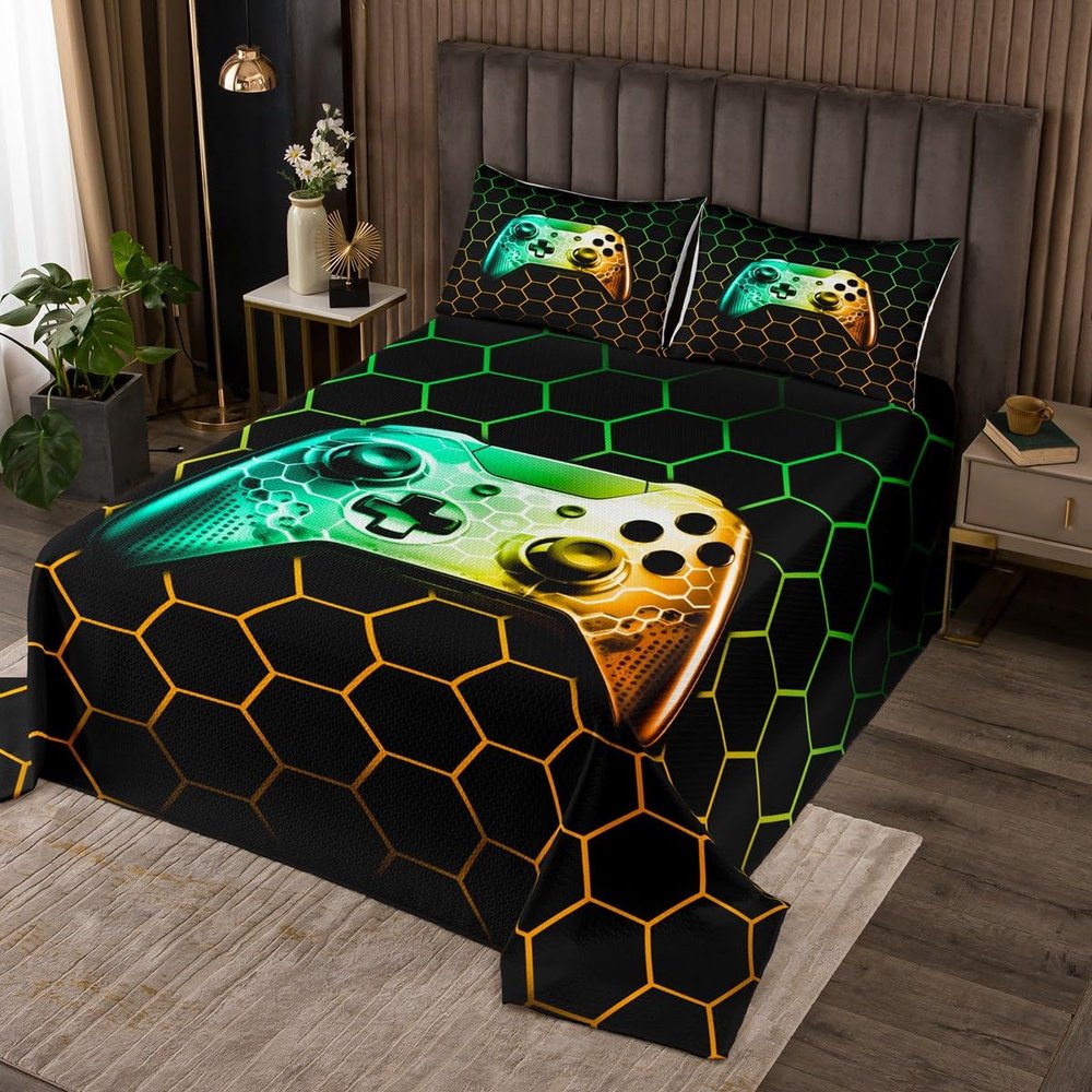Gaming Gamepad Gamers Bedspread Twin Size,Video Games Geometric Honeycomb Bedding Set,Boys Men Room Decor,Geometric Hexagon Patchwork Quilted Coverlet,Yellow Green Bedding Quilt,1 Pillowcase