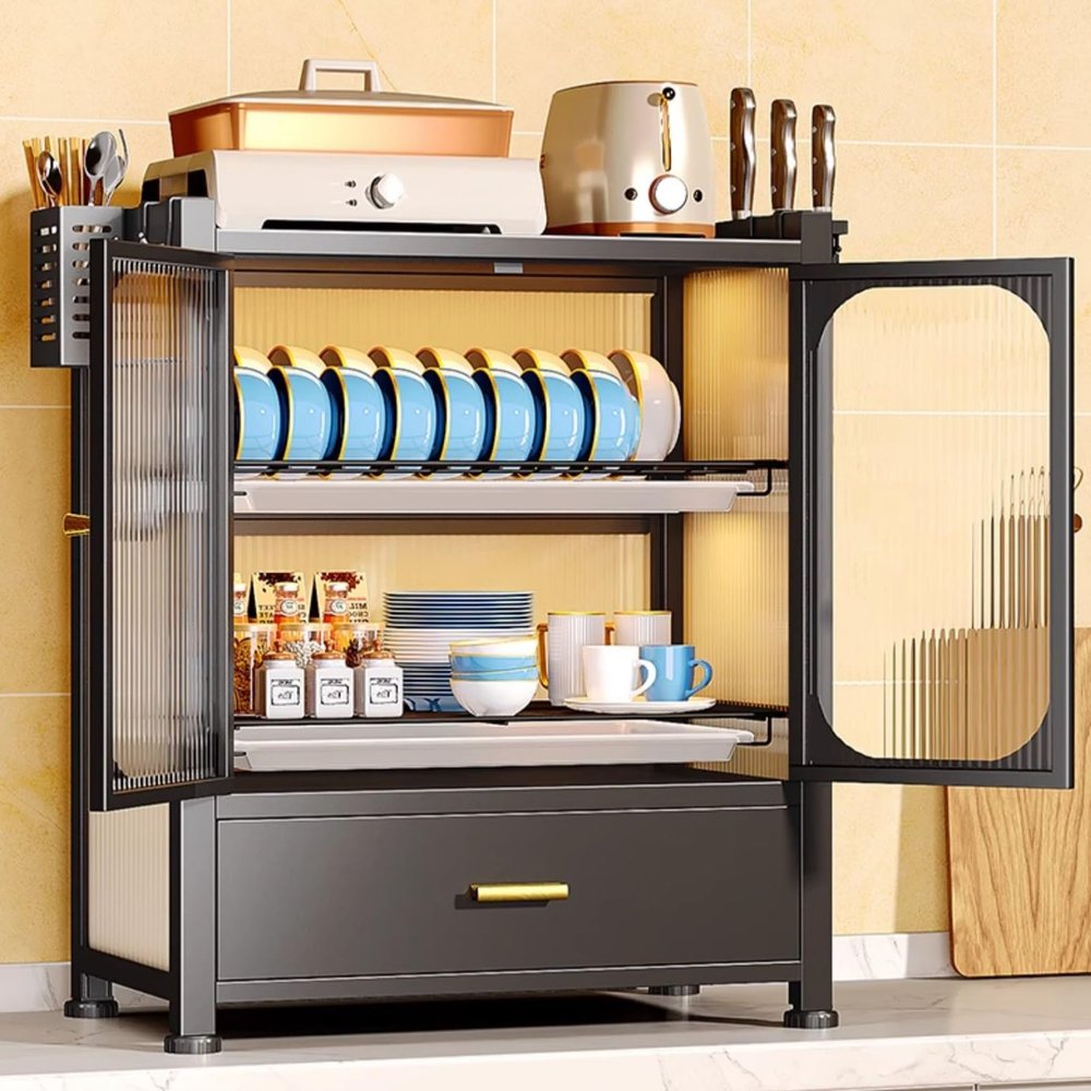 TRAGLO 4-Tier Kitchen Countertop Cutlery Storage Cabinet, Dish Drying Rack with Drawers and Drainage Board, Acrylic Cabinet Door 360 Dustproof for Storing Dishes and Seasonings, Black