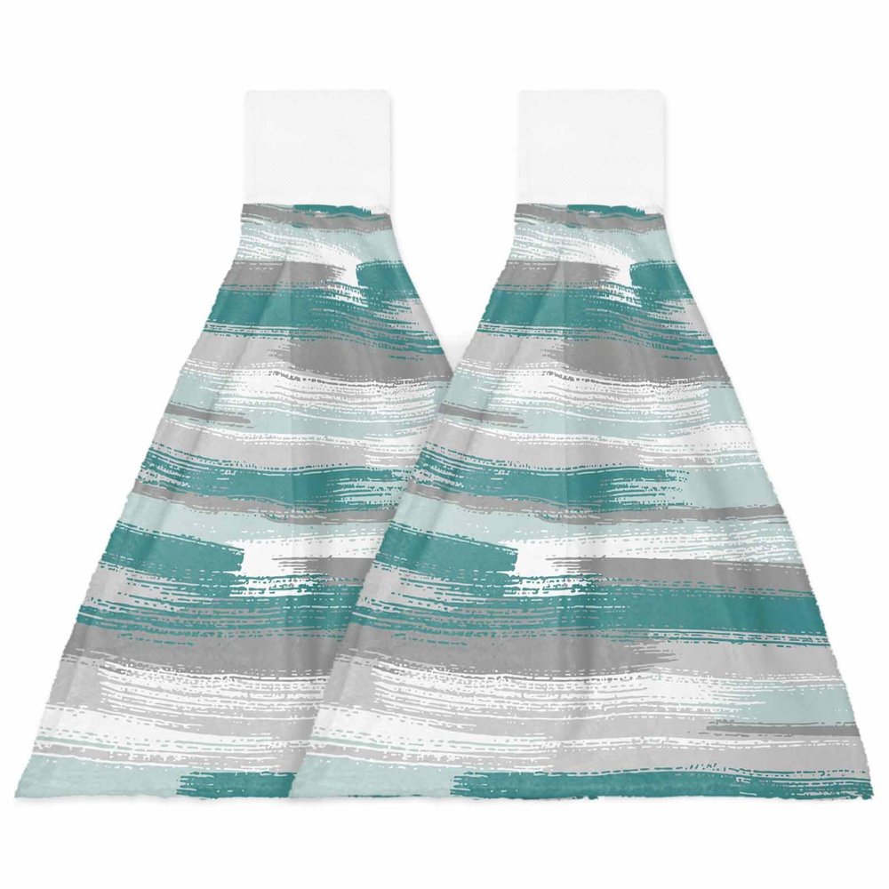 Abstract Art Kitchen Hand Towels with Hanging Loops Set of 2 Super Soft Thick Fingertip Dry Microfiber Dish Towel Absorbent Cleaning Washcloth,Kitchen Contemporary Tainted Teal Grey White Painting