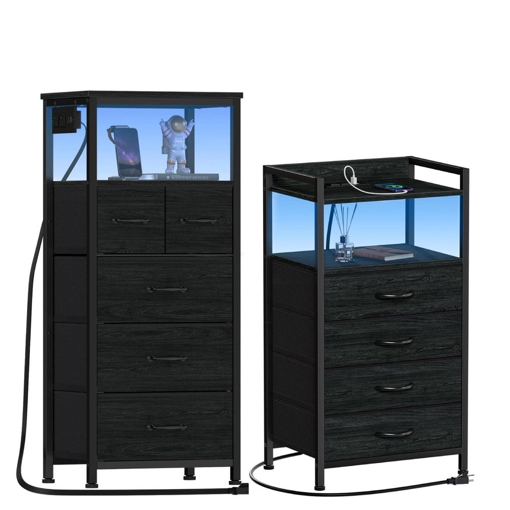 4 Drawer Nightstand and 5 Drawer Dresser with Charging Station and LED Lights
